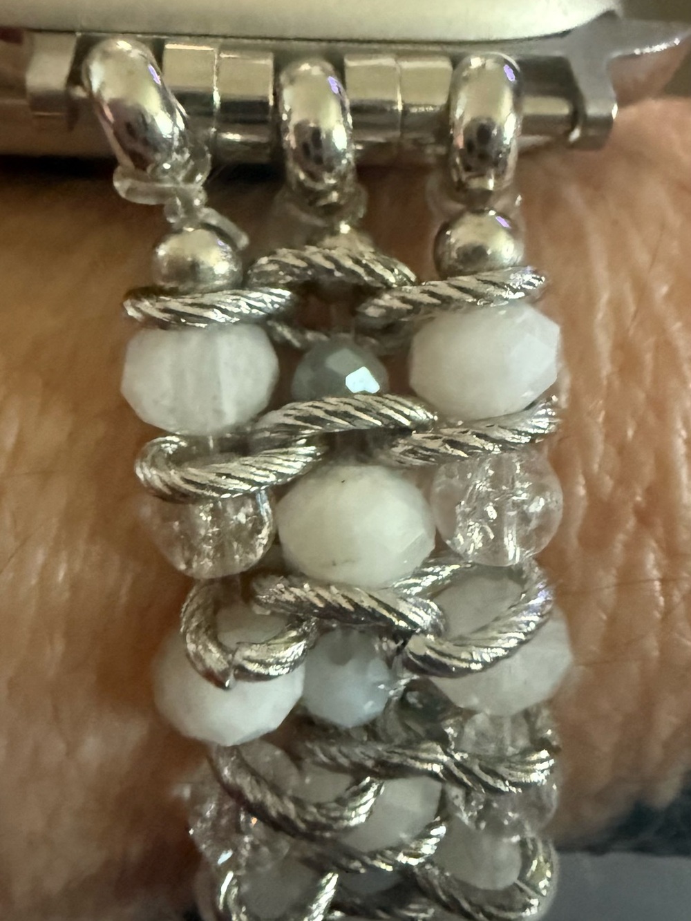 White and Silver Pearl Beaded Apple Watch Band. Fits 42-44mm and a large wrist - Picture 4 of 6